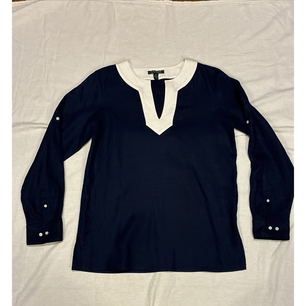 Ralph Lauren Women's Top Medium Navy Linen Tunic Top Minimalist Quiet Luxury